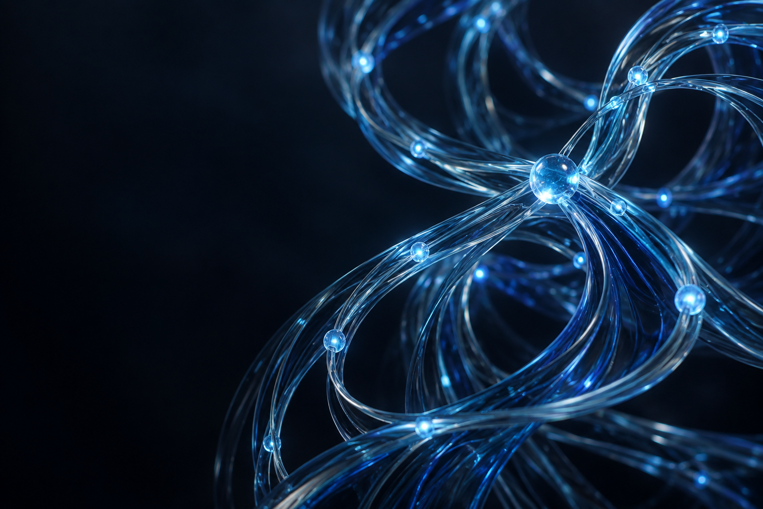 Escultura abstracta de conexões em vidro azul iluminado sobre fundo escuro